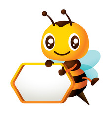 Cartoon cute happy bee thumb up and holding empty honeycomb shape signboard with yellow frame. Honeybee character illustration