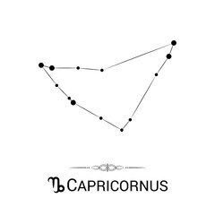 Fototapeta premium Capricornus Zodiac Symbol Stars Stellar Constellation Black-White Silhouette Isolated on White Background