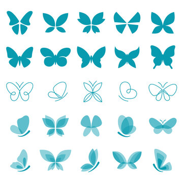 Butterflies flat icons set. Abstract hand drawn and contemporary line art insect design elements