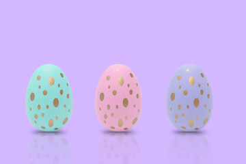 Happy Easter. Beautiful colorful eggs with different pattern on purple background.