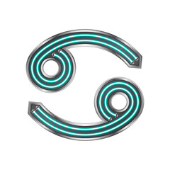 Cancer Zodiac Symbol Neon Light Glow Silver Metallic Letter Glyph Alphabet Horoscope, Astrology Icon Isolated on White Background.