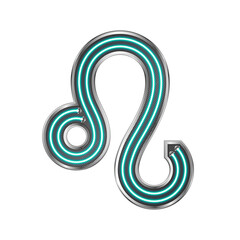 Leo Zodiac Symbol Neon Light Glow Silver Metallic Letter Glyph Alphabet Horoscope, Astrology Icon Isolated on White Background.