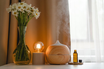 Aromatherapy concept. Aroma oil diffuser on the table against the window. Air freshener. Ultrasonic...