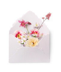 flower greetings: hand-made paper envelope in subtle pastel pink filled with colorful spring flowers, isolated over a transparent background, beautiful design element for Mother's or Valentine's Day