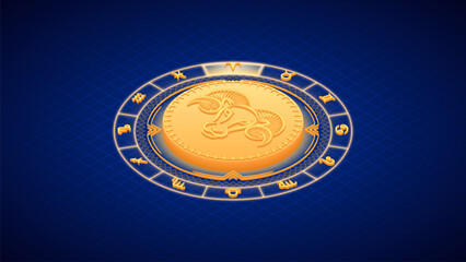 Ram-Goat Aries Zodiac Symbol, Wheel of Twelve-Sign, Neon Glow Isometric Bas-Relief Sculpture, Horoscope and Astrology Element for Fortune-Telling, Lattice Grid Backdrop Background.