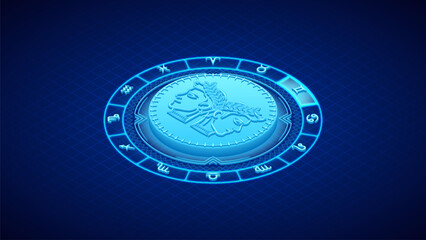 Twins Gemini Zodiac Symbol, Wheel of Twelve-Sign, Neon Glow Isometric Bas-Relief Sculpture, Horoscope and Astrology Element for Fortune-Telling, Lattice Grid Backdrop Background.
