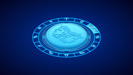 Twins Gemini Zodiac Symbol, Wheel of Twelve-Sign, Neon Glow Isometric Bas-Relief Sculpture, Horoscope and Astrology Element for Fortune-Telling, Lattice Grid Backdrop Background.