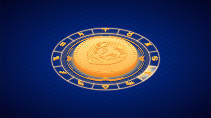 Lion Leo Zodiac Symbol, Wheel of Twelve-Sign, Neon Glow Isometric Bas-Relief Sculpture, Horoscope and Astrology Element for Fortune-Telling, Lattice Grid Backdrop Background.
