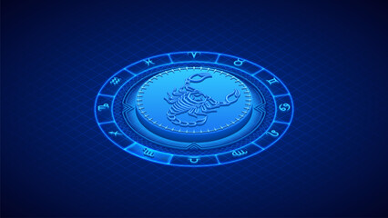 Scorpion Scorpio Zodiac Symbol, Wheel of Twelve-Sign, Neon Glow Isometric Bas-Relief Sculpture, Horoscope and Astrology Element for Fortune-Telling, Lattice Grid Backdrop Background.