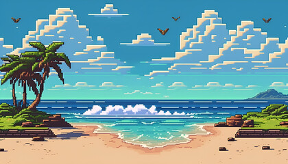 beach landscape, pixel art style. generative ai