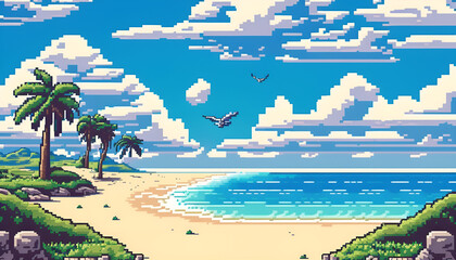 beautiful beach landscape, pixel art style. generative ai