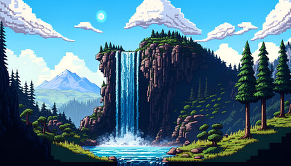Beautiful waterfall landscape, pixel art style. generative ai