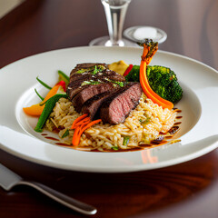 beef with rice and sauteed vegetables 