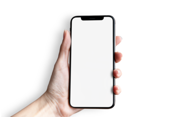 Woman hand using smartphone blank screen mockup - Cellphone isolated on transparent background