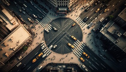 Aerial Panoramic View Of Busy Urban Streets And Intersections : Stunning Drone Footage Showcasing Overhead Bird's Eye Perspective (Generative AI)