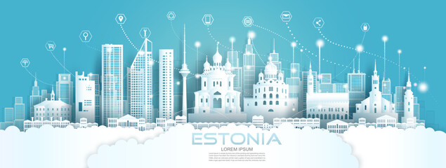 Technology wireless network communication smart city with icon in Estonia. - obrazy, fototapety, plakaty