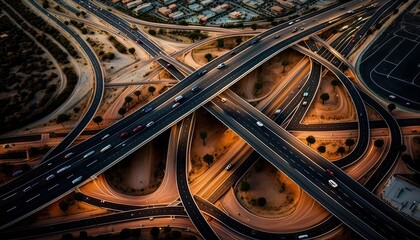 Aerial Panoramic View Of Highway Interchanges And Traffic Patterns : Stunning Drone Footage Showcasing Overhead Bird's Eye Perspective (Generative AI)