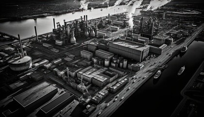 Fototapeta premium Aerial Panoramic View Of Industrial Areas And Factories : Stunning Drone Footage Showcasing Overhead Bird's Eye Perspective (Generative AI)