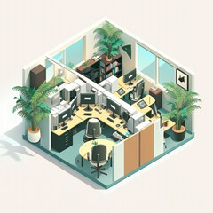isometric office room, with computers and houseplants