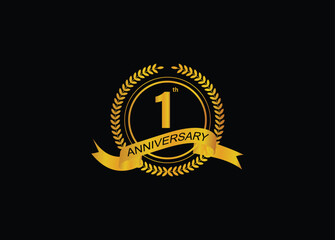 Naklejka premium 1th golden anniversary logo with ring and ribbon, laurel wreath vector design isolated on black background.