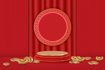3d product display podium platform. 3d realistic dark red and gold cylinder pedestal podium. The stage for the showcase. Minimal wall scene for mockup product display. 3d podium Chinese New Year.