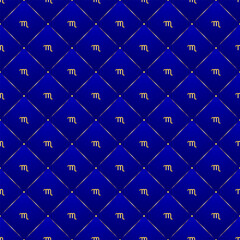 Scorpio Zodiac Symbol, Golden Luxury Seamless Velvet Lattice Pattern Geometric Backdrop Background, Air Element Fabric Textile Diamond Tile Texture.