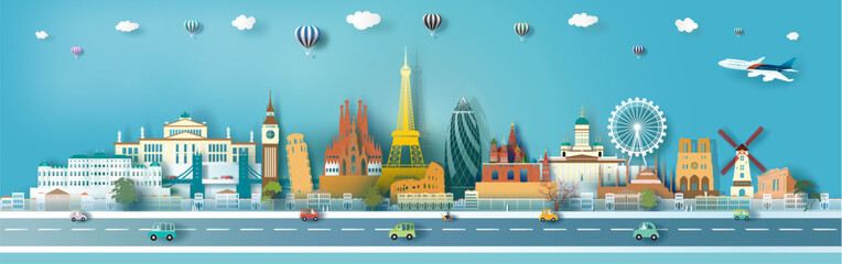 Travel landmark europe with city downtown architecture skyline and europe tourism. - obrazy, fototapety, plakaty