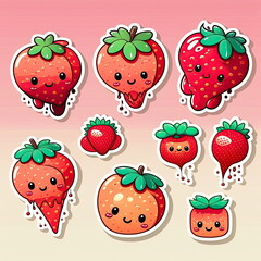 Collection of strawberry sticker design, white background, vector illustration, Made by AI,Artificial intelligence