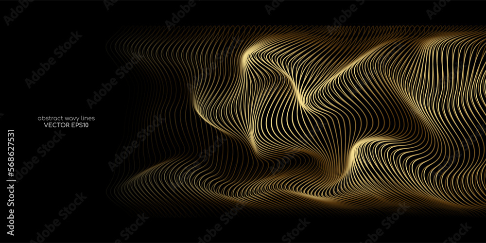 Poster 3D Vector wave lines pattern smooth curve flowing dynamic gold gradient light isolated on black background for concept luxury, technology, digital, communication, science, music.