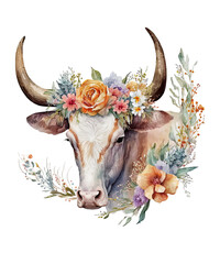 Watercolor cow and Flower on head, generative ai