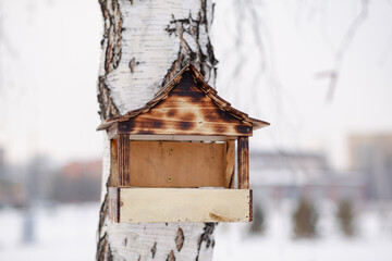 Wooden bird feeder. Birds feeder covered with snow at winter time, helping birds in winter. Wooden bird feeder with seeds handging from tree in winter garden.