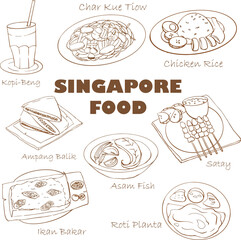 MALAYSIA SINGAPORE LOCAL FOOD CURRY PUFF NASI LEMAK KOPI SATAY IKAN BAKAR CHICKEN RICE ROTI CANAI HAND DRAWN 