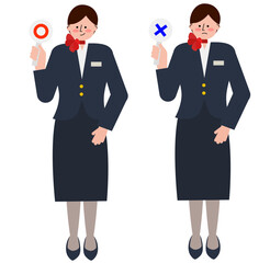 女性の客室乗務員が丸とバツの札を上げているイラストのセット
