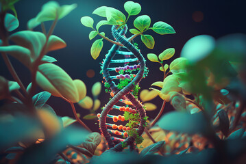 DNA helix with green plants, Generative Ai