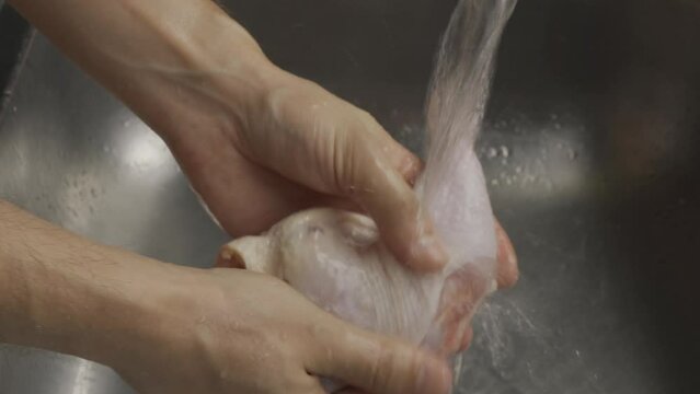 man hands wash meat chicken legs in the sink for grill stuttering lifestyle