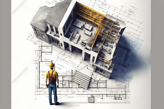 Building a Home from the Ground Up: The Blueprint and a Construction Worker (AI Generated)