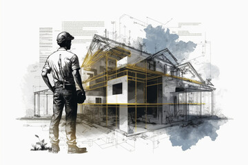 Building a Home from the Ground Up: The Blueprint and a Construction Worker (AI Generated)