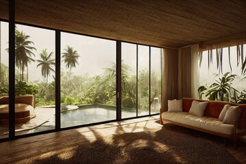 Beautiful Mexico Tulum Inspired Luxury Living Room Interior with Lush Jungle Forest Views Made with Generative AI