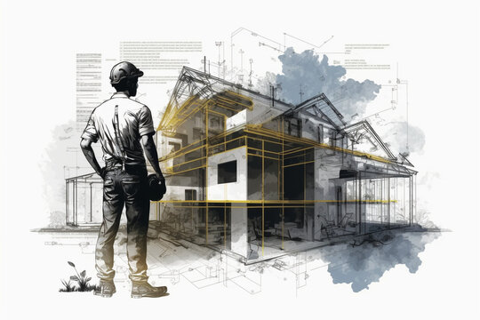 Building a Home from the Ground Up: The Blueprint and a Construction Worker (AI Generated)