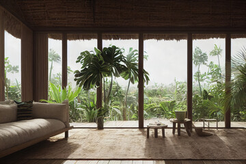 Luxury Mexico Tulum Modern Living Room Interior with Jungle Forest Views Made with Generative AI