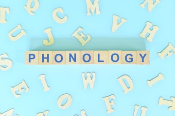 Study phonology in linguistics concept. Wooden blocks word typography flat lay in blue background.