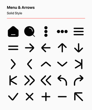Customizable menu and arrow icons for navigation, pointer, ornament, or buttons on apps and websites interface, presentations, wayfinding, signage, layout, graphic design, etc