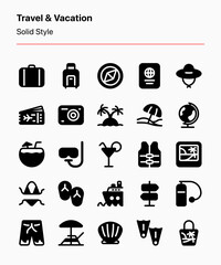 Customizable travel and vacation icon set consisting of travel, tourism, and beach vacation elements. Perfect for apps, websites, advertisements, marketing, business, agency, etc