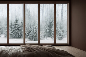 Fototapeta na wymiar Winter Luxury Primary Bedroom Interior with Staged Bed and Winter Woods View Made with Generative AI