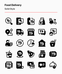 Customizable set of food delivery icons covering online order, discounts, and delivery. Perfect for web or app interfaces, product illustration, presentation, business, etc