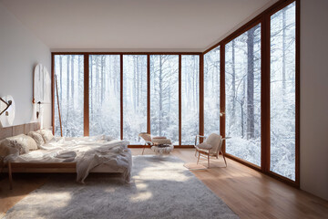 Winter Luxury Primary Bedroom Interior with Staged Bed and Winter Woods View Made with Generative AI