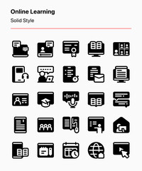 Customizable set of online learning icons for app and website interfaces, institutions, courses and tutorials, presentations, ads anad marketing, product catalogs, business, graphic design, etc