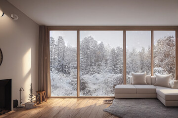 Winter Minimal Luxury Living Room with Modern Windows and Winter Snow Views Made with Generative AI