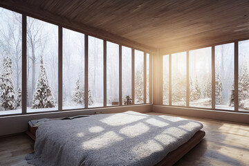 Winter Luxury Modern Bedroom Interior with Staged Furniture at Golden Hour Made with Generative AI