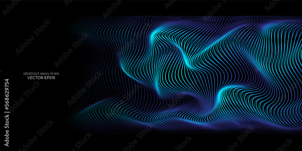 Aufkleber 3D Vector wave lines pattern smooth curve flowing dynamic blue green gradient light isolated on black background for concept technology, digital, communication, science, music.